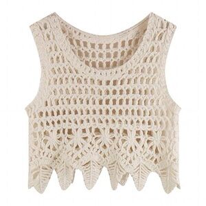 Boho Cream Crochet Crop Top Scalloped Hem Open Knit Cottagecore Festival Tank